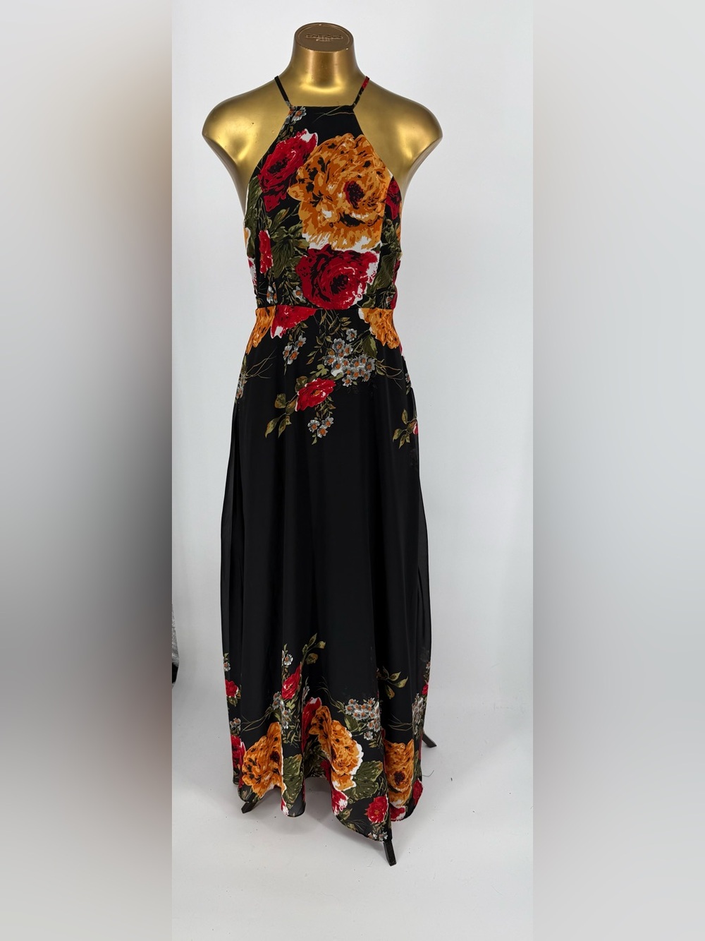 Black Floral Halter Maxi Dress with Open Back Elegant Evening Style Size Medium